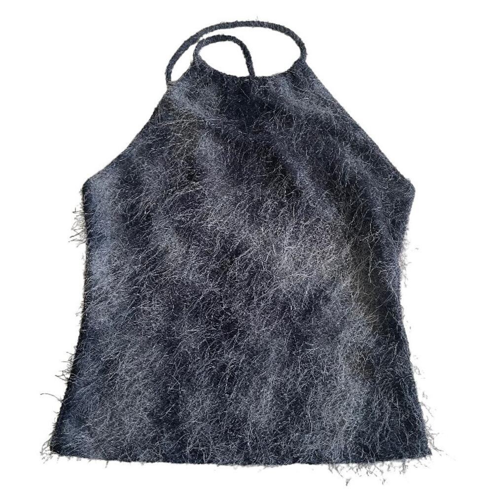 Fuzzy Eyelash Knit Halter Top High Neck Sleeveless Criss Cross Back Blue White L